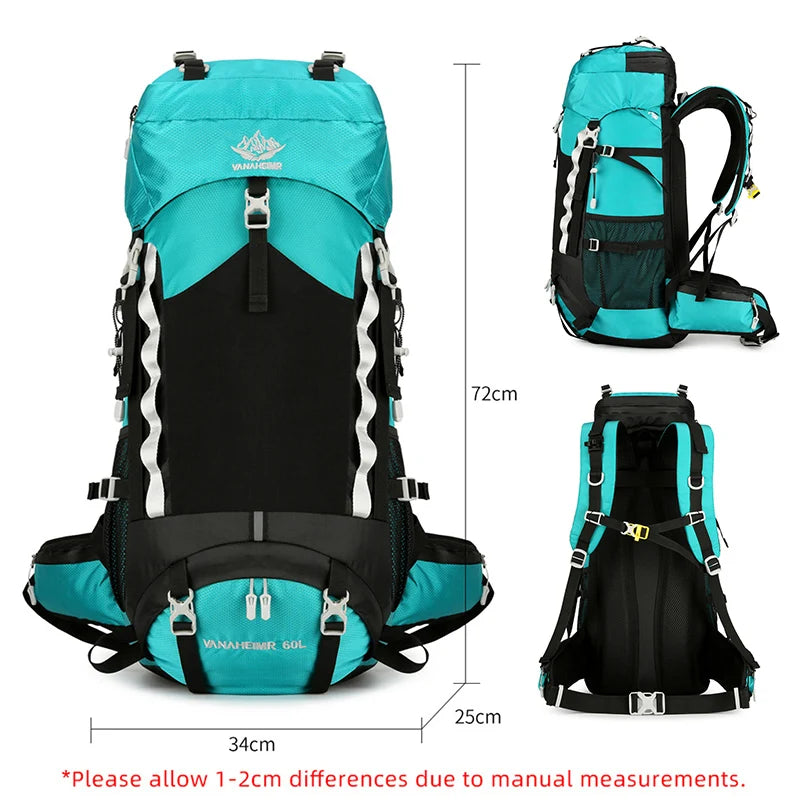 60l waterproof nylon camping hiking backpack with rain cover - product image