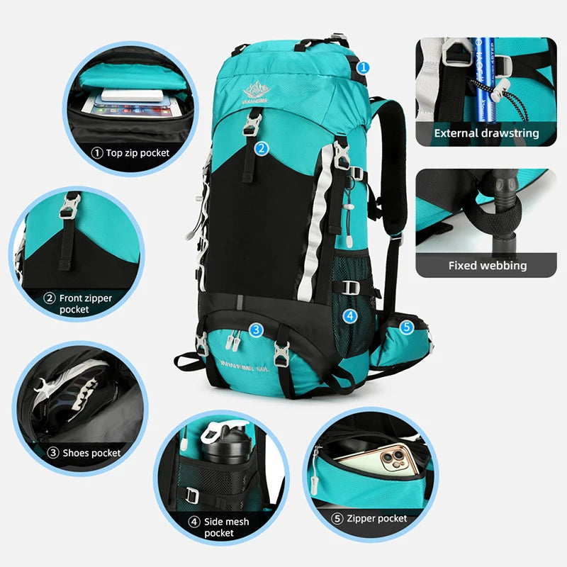 60l waterproof nylon camping hiking backpack with rain cover - product image