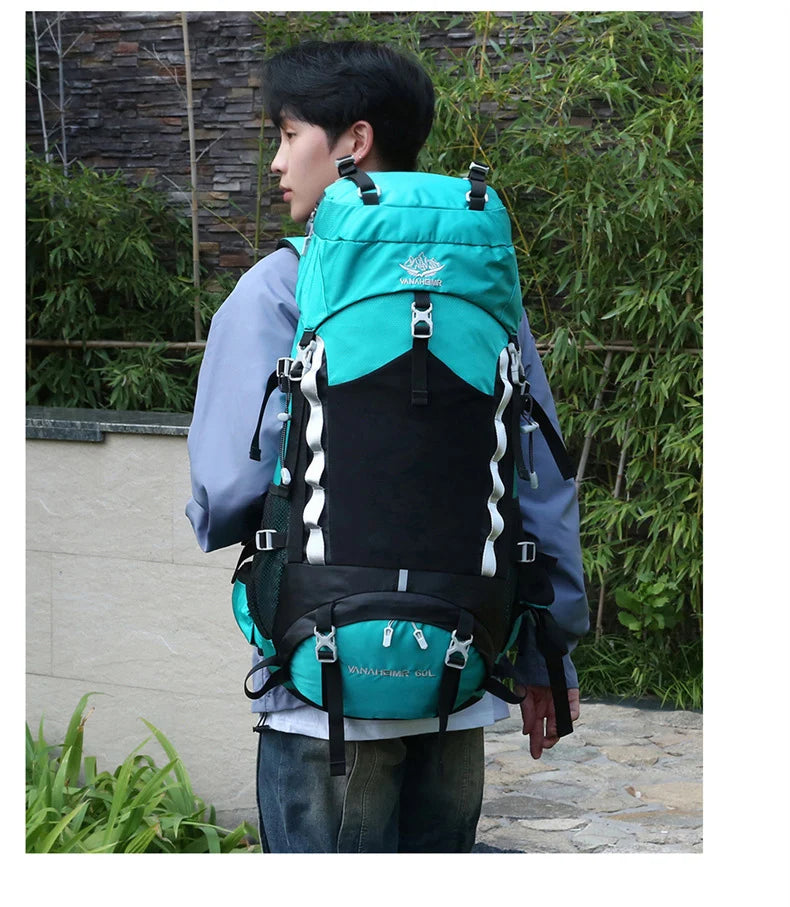 60l waterproof nylon camping hiking backpack with rain cover - product image
