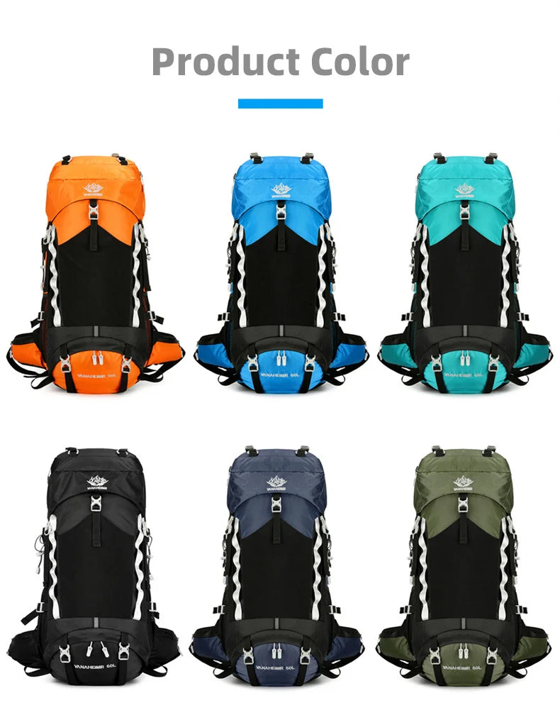 60l waterproof nylon camping hiking backpack with rain cover - product image
