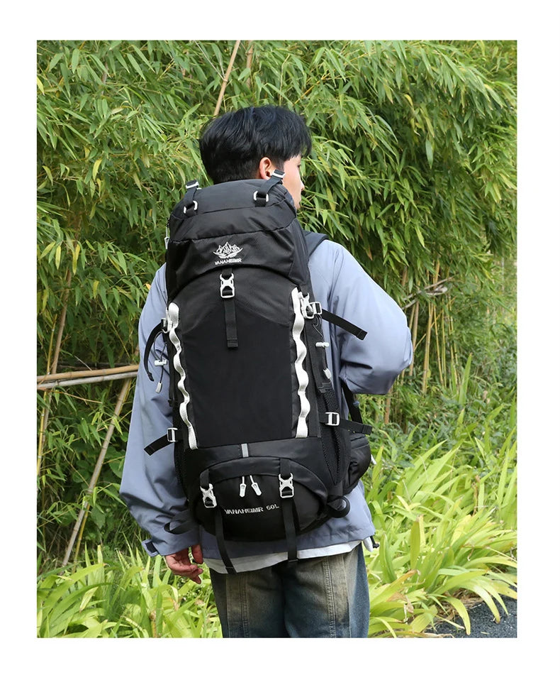 60l waterproof nylon camping hiking backpack with rain cover - product image