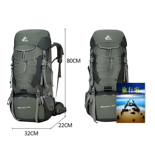75l large capacity camping backpack with rain cover, nylon material - product image