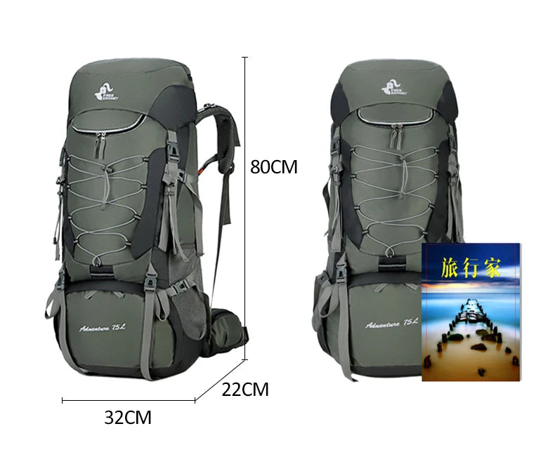 75l large capacity camping backpack with rain cover, nylon material - product image