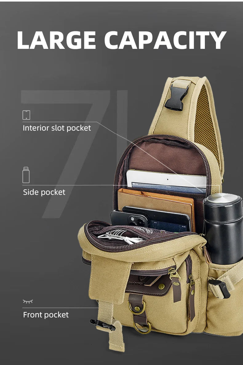 Camping shoulder bag canvas multi-pocket headphone jack detachable strap - product image