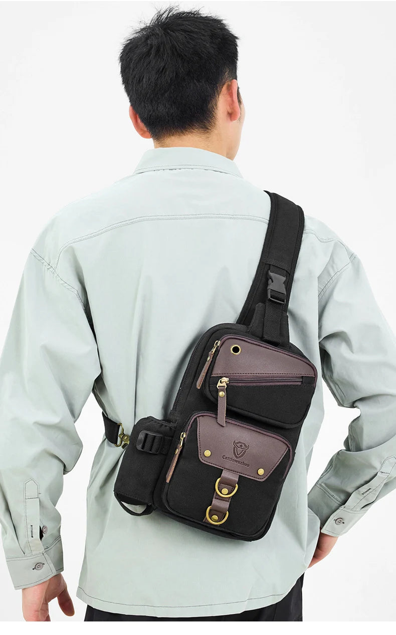Camping shoulder bag canvas multi-pocket headphone jack detachable strap - product image