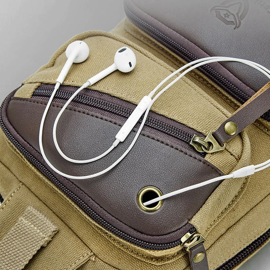 Camping shoulder bag canvas multi-pocket headphone jack detachable strap - product image