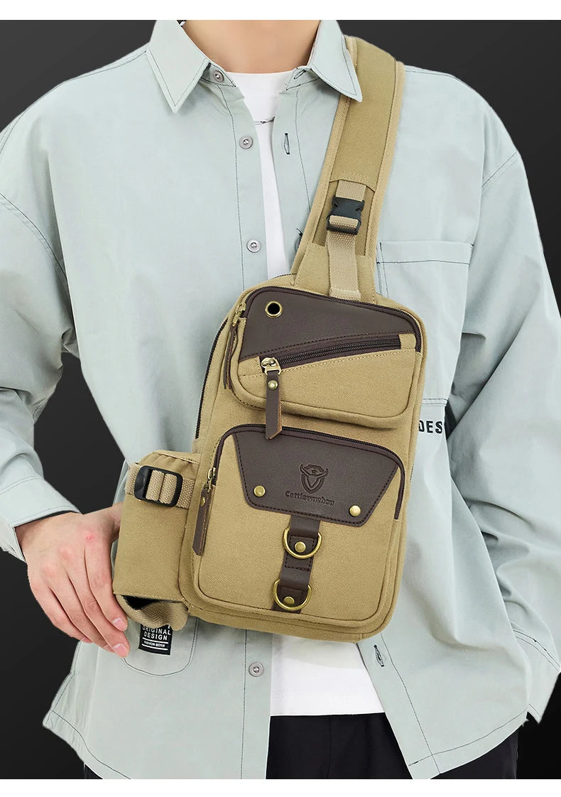 Camping shoulder bag canvas multi-pocket headphone jack detachable strap - product image
