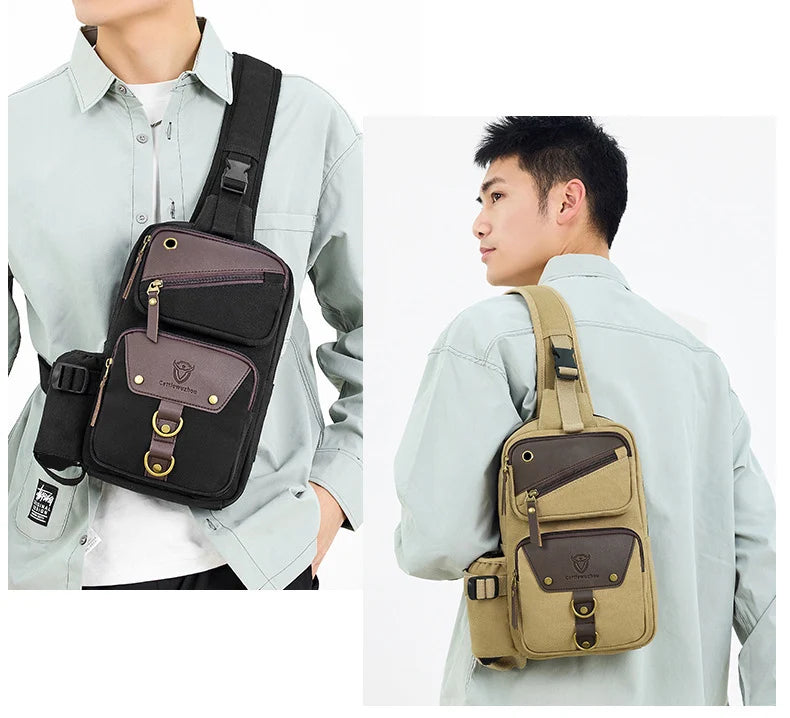 Camping shoulder bag canvas multi-pocket headphone jack detachable strap - product image