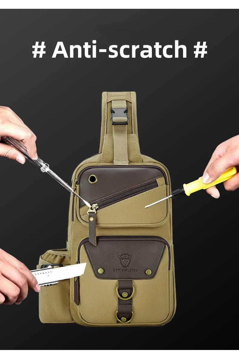 Camping shoulder bag canvas multi-pocket headphone jack detachable strap - product image