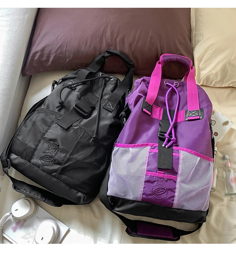 Large capacity nylon drawstring gym sports bag with multiple compartments - product image