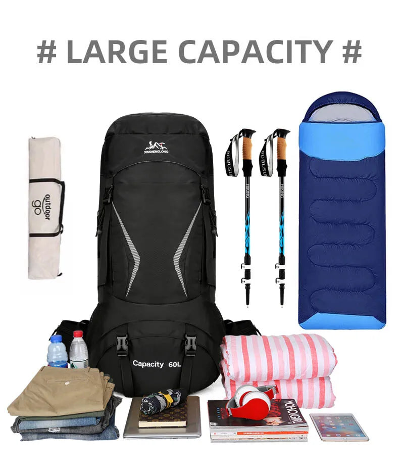 Nylon 60l camping backpack rain cover reflective stripes multi-pocket - product image