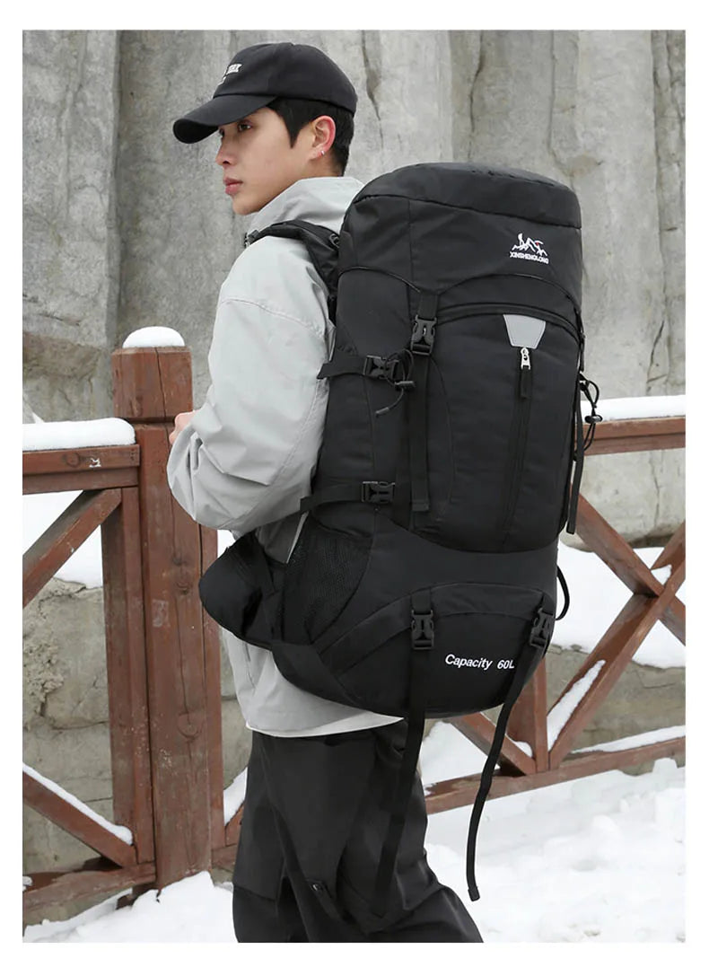 Nylon 60l camping backpack rain cover reflective stripes multi-pocket - product image