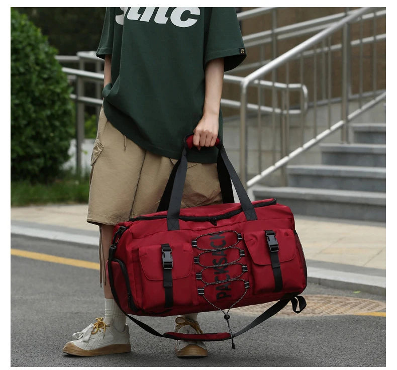 Nylon large capacity travel duffel with wet dry separation and trolley strap - product image