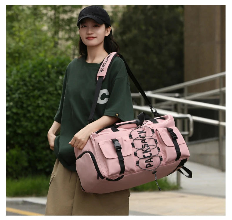 Nylon large capacity travel duffel with wet dry separation and trolley strap - product image