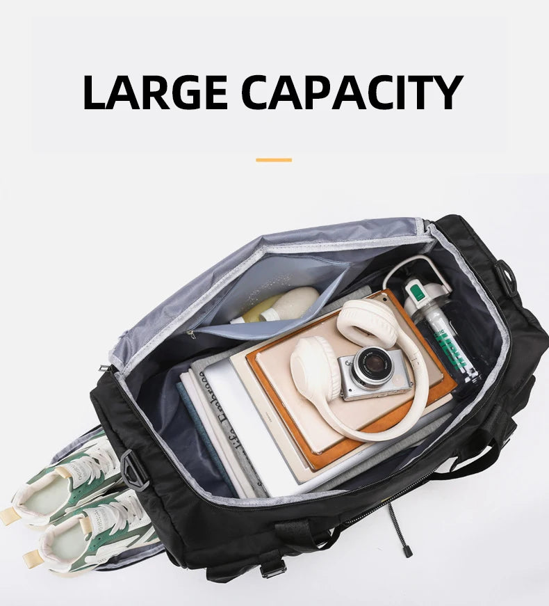 Nylon large capacity travel duffel with wet dry separation and trolley strap - product image