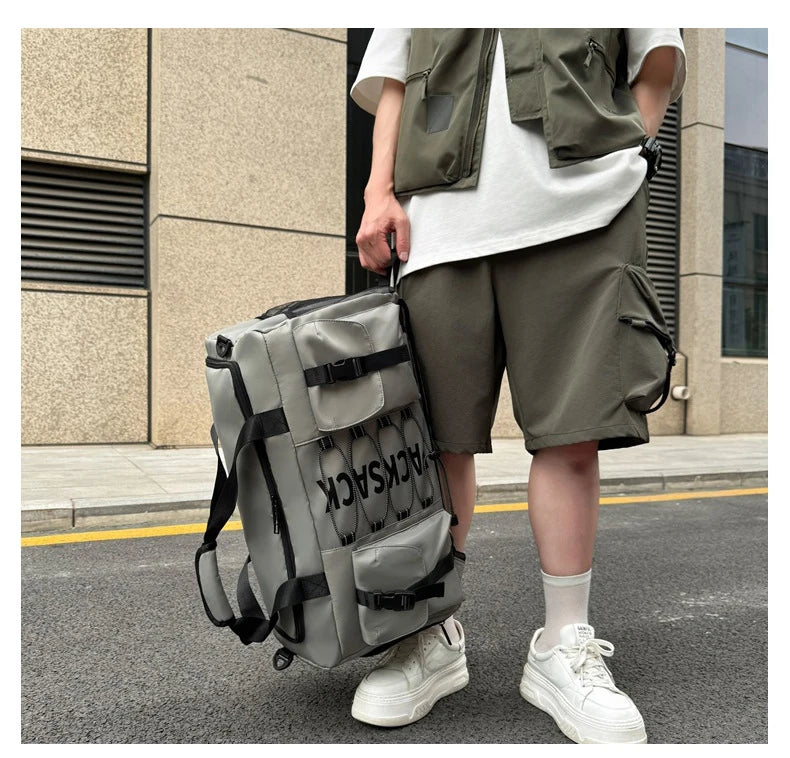 Nylon large capacity travel duffel with wet dry separation and trolley strap - product image