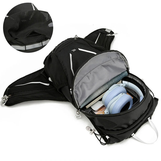 Outdoor cycling hydration backpack with reflective strips and multiple pockets - product image