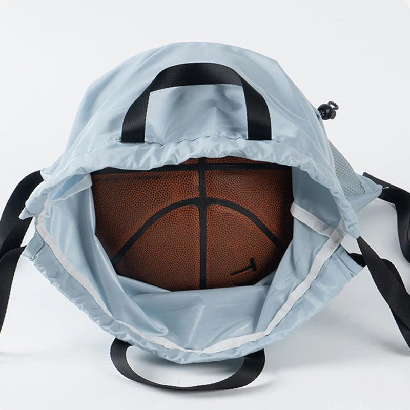 Polyester mesh drawstring backpack with wet dry separation and shoe compartment - product image