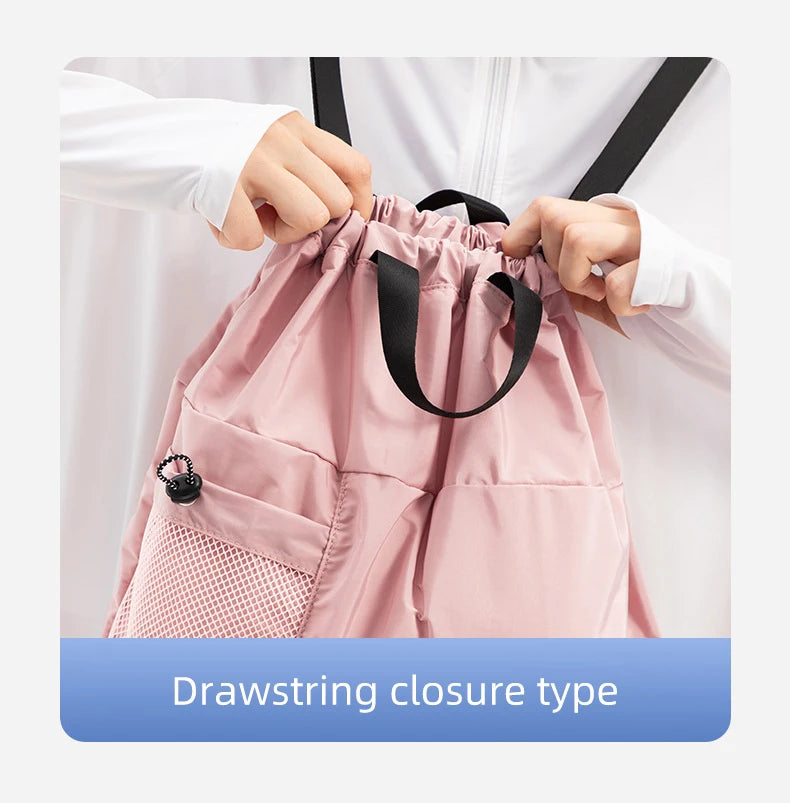 Polyester mesh drawstring backpack with wet dry separation and shoe compartment - product image