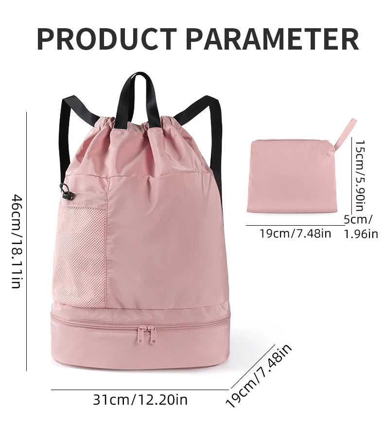 Polyester mesh drawstring backpack with wet dry separation and shoe compartment - product image