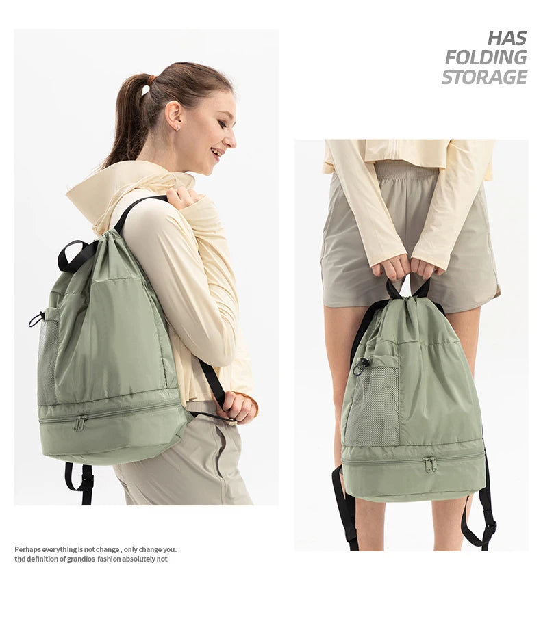 Polyester mesh drawstring backpack with wet dry separation and shoe compartment - product image