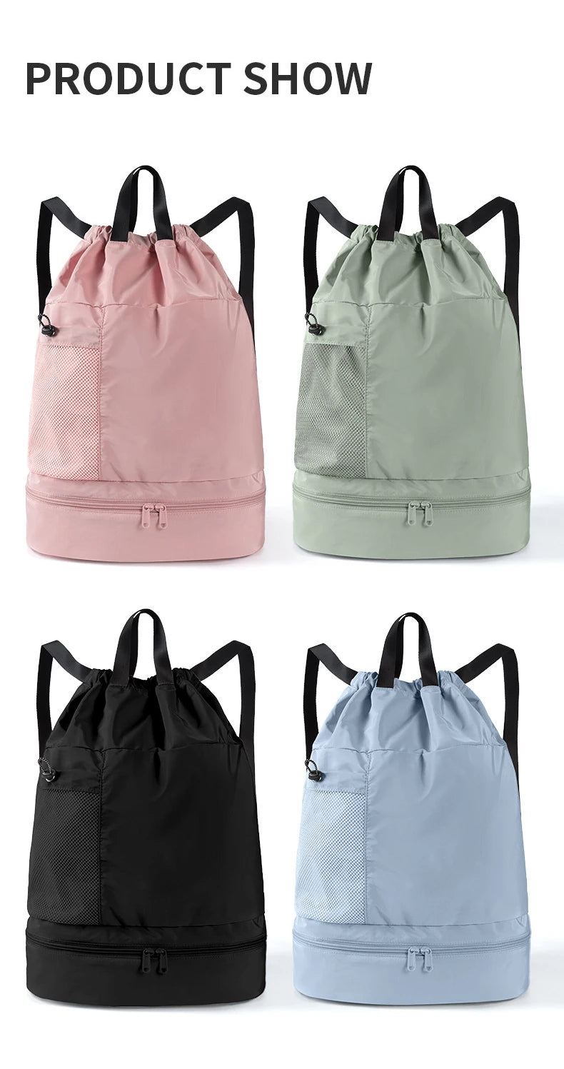 Polyester mesh drawstring backpack with wet dry separation and shoe compartment - product image