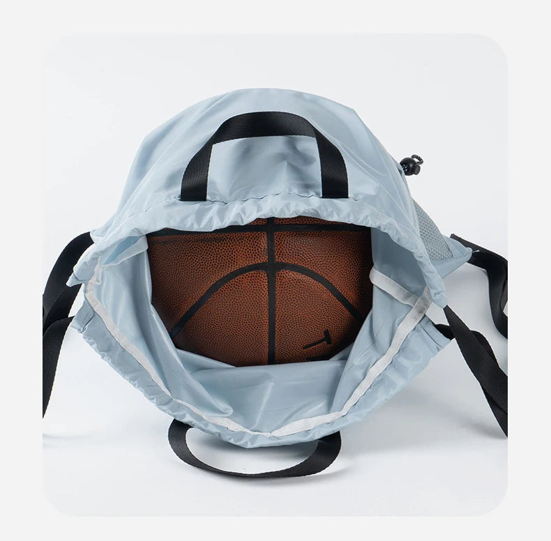 Polyester mesh drawstring backpack with wet dry separation and shoe compartment - product image