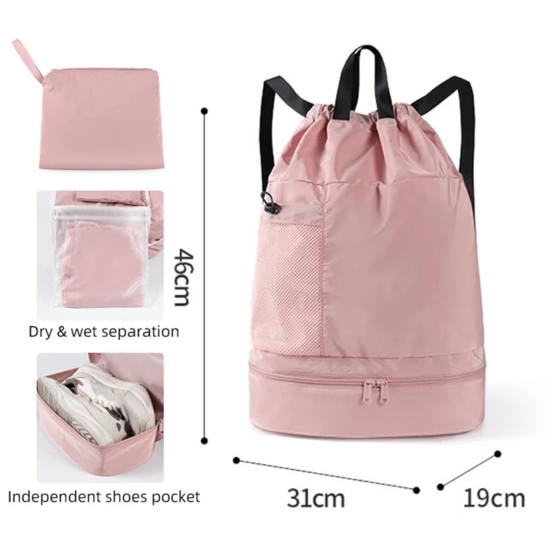 Polyester mesh drawstring backpack with wet dry separation and shoe compartment - product image