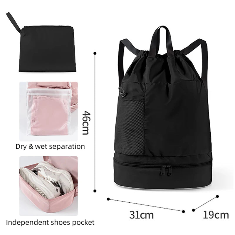 Polyester mesh drawstring backpack with wet dry separation and shoe compartment - product image