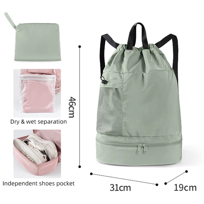 Polyester mesh drawstring backpack with wet dry separation and shoe compartment - product image
