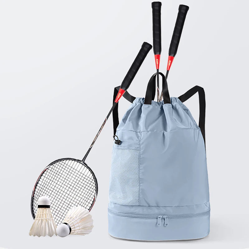 Polyester mesh drawstring backpack with wet dry separation and shoe compartment - product image