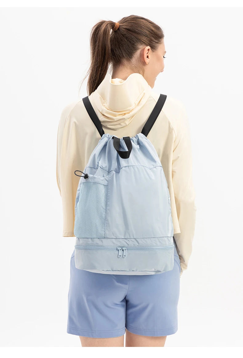 Polyester mesh drawstring backpack with wet dry separation and shoe compartment - product image