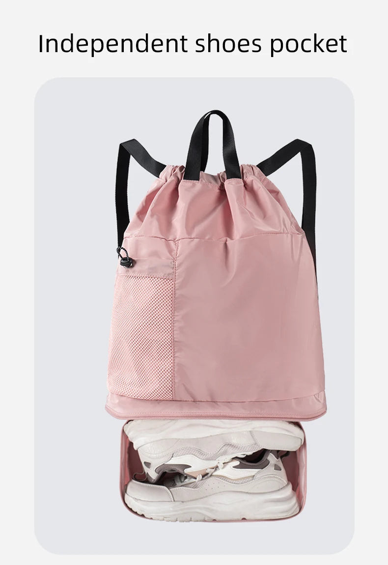Polyester mesh drawstring backpack with wet dry separation and shoe compartment - product image