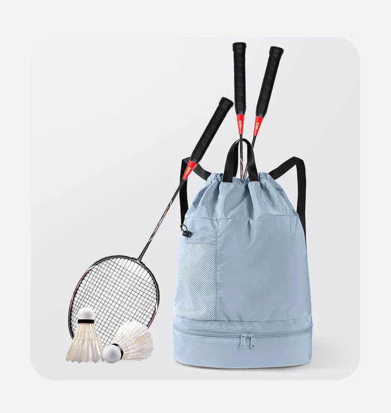 Polyester mesh drawstring backpack with wet dry separation and shoe compartment - product image
