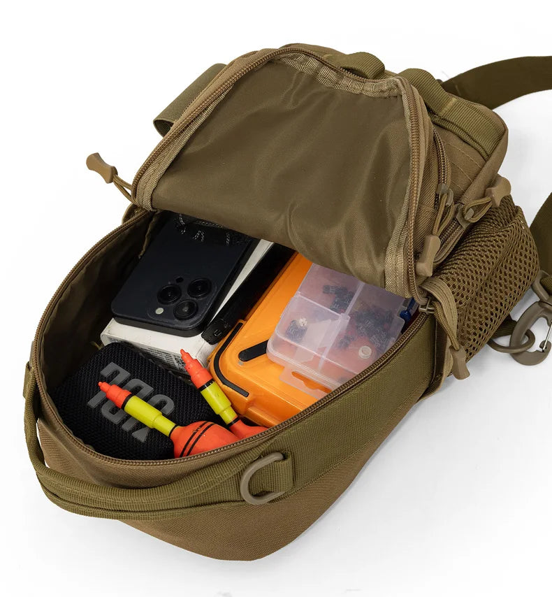 Tactical oxford chest bag large capacity molle system fishing rod holder - product image