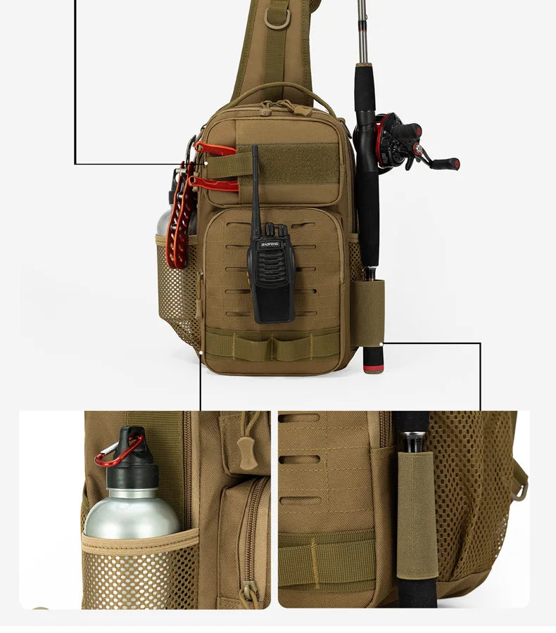 Tactical oxford chest bag large capacity molle system fishing rod holder - product image
