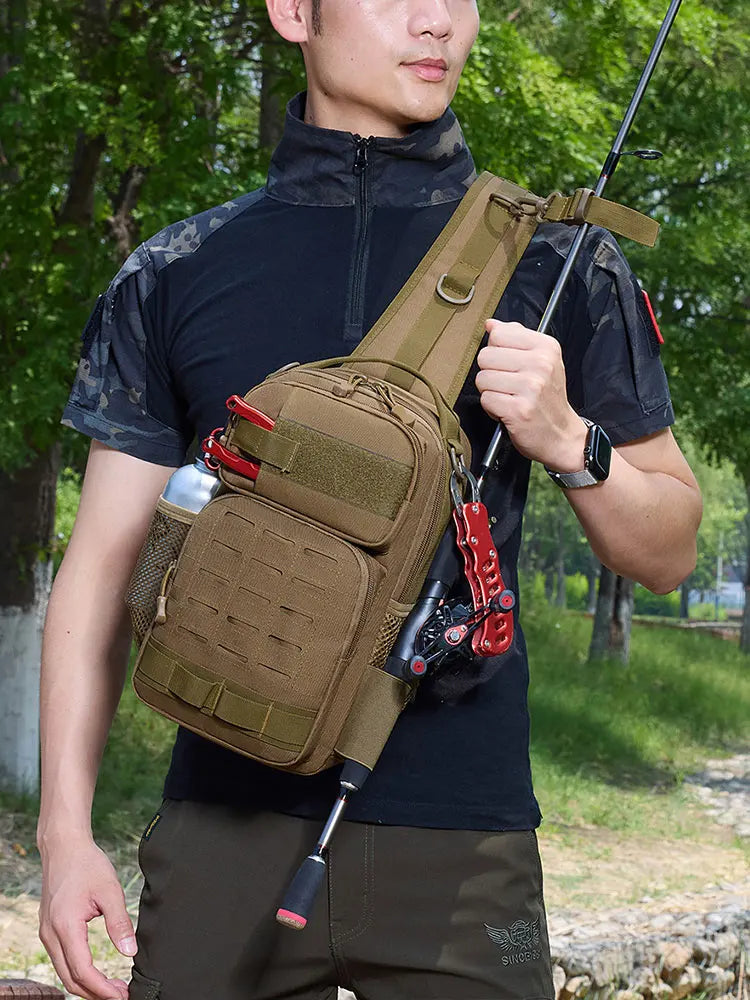 Tactical oxford chest bag large capacity molle system fishing rod holder - product image