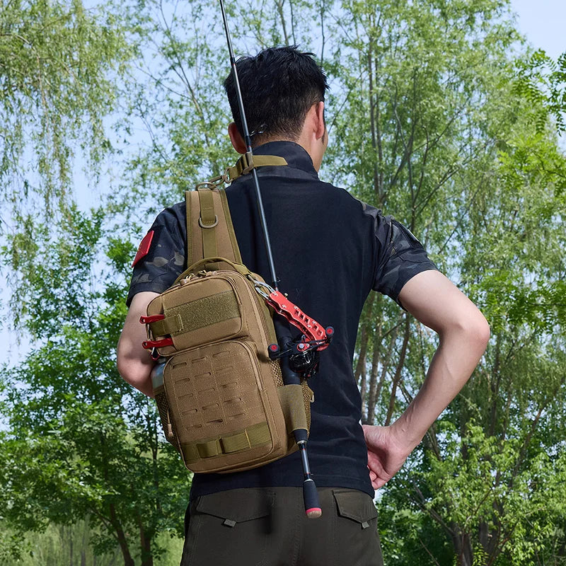 Tactical oxford chest bag large capacity molle system fishing rod holder - product image