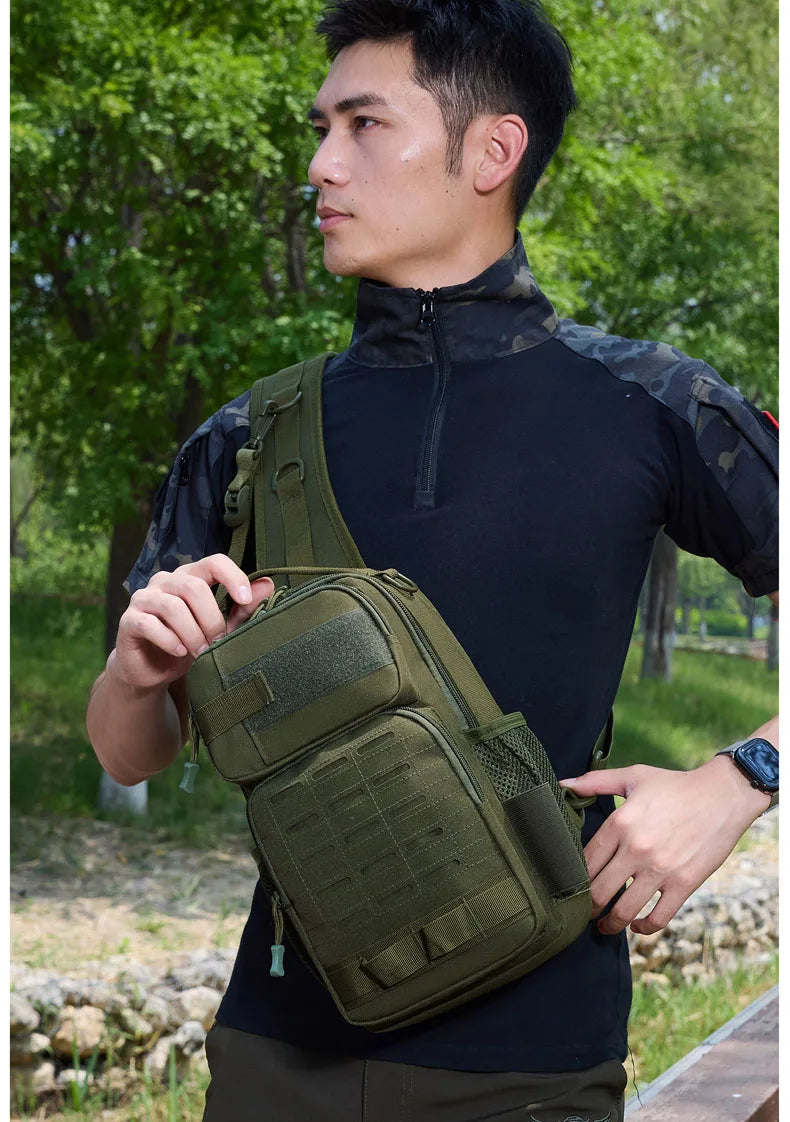 Tactical oxford chest bag large capacity molle system fishing rod holder - product image
