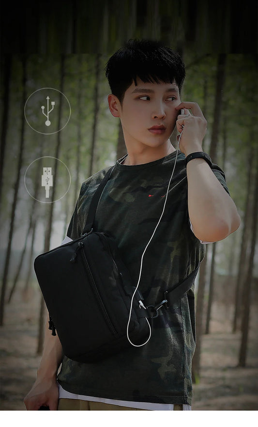Usb charging nylon chest bag camouflage multi-compartment shoulder sling - product image