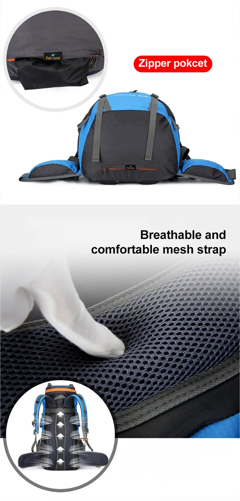 Waterproof 70l nylon hiking backpack multi compartments rain cover - product image